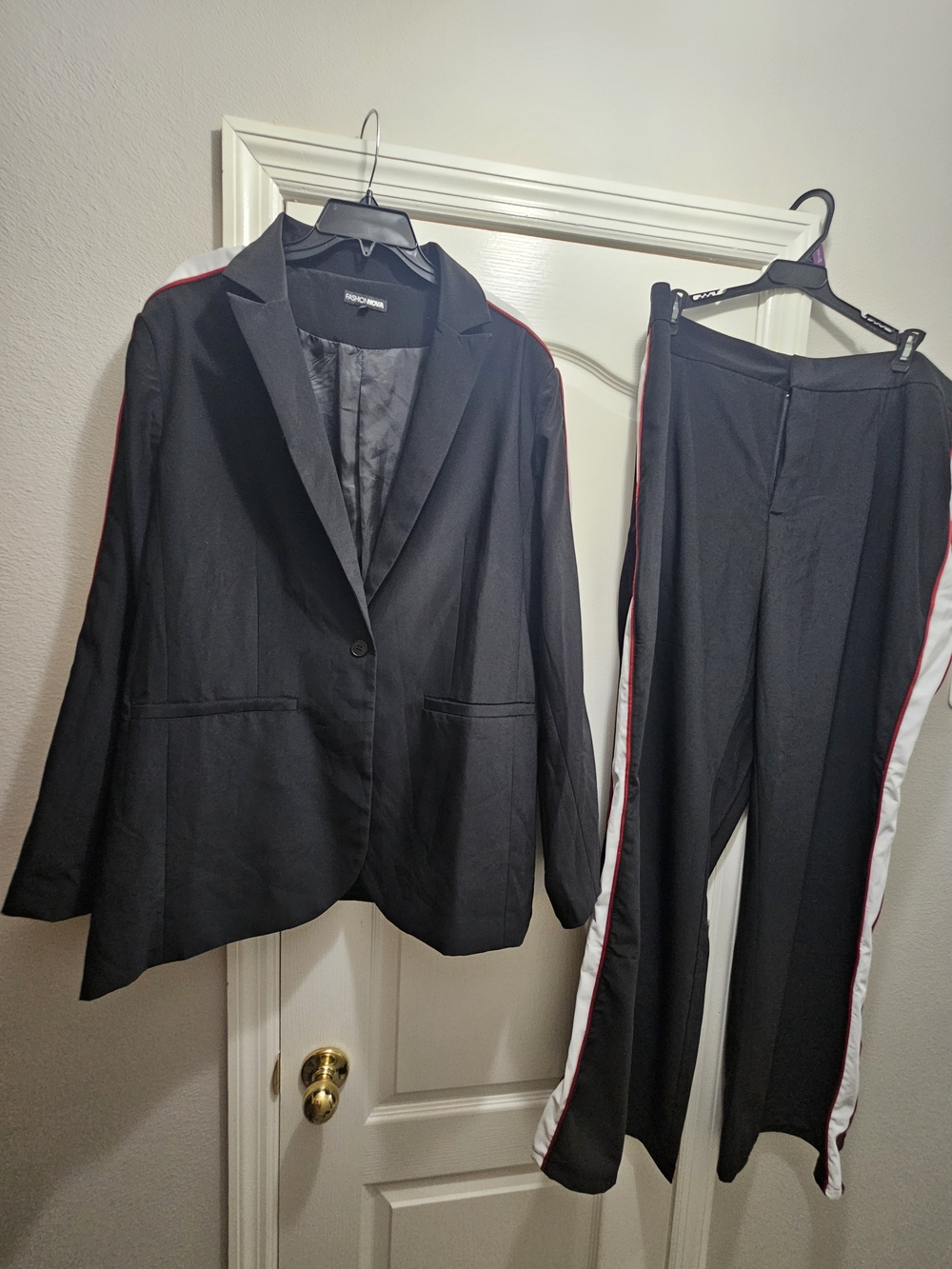 Fashion Nova Black Blazer & Trousers with White and Red Side Stripes